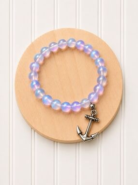 Iridescent Beaded Anchor Charm Bracelet - Blue/Purple